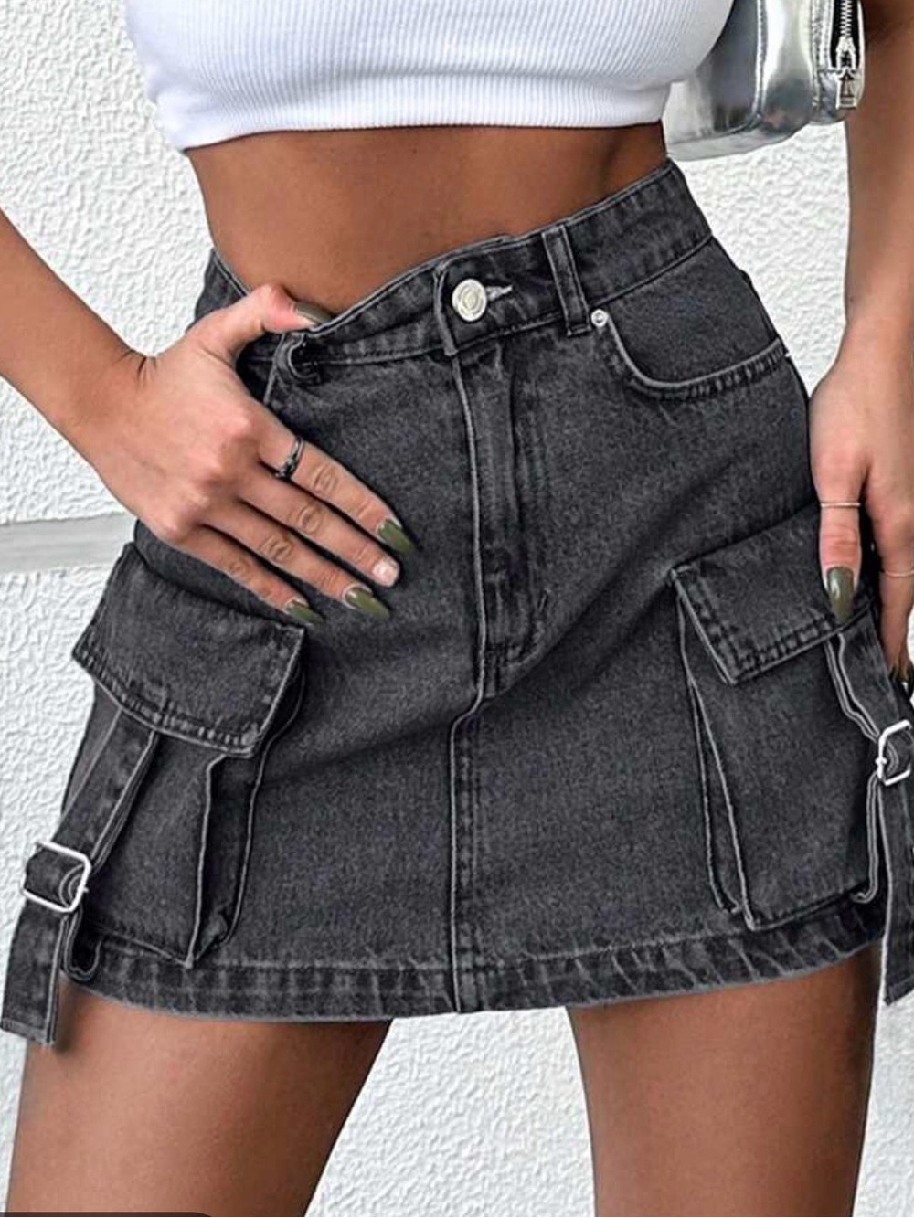 J for Justify Cargo Denim Mini Flap Pocket Skirt With Buckle
